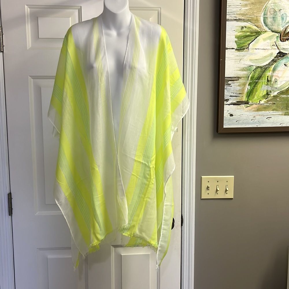 NWOT- Isaac MizrahiβLIVE White with Neon Green and Yellow Striped Coverup- OS